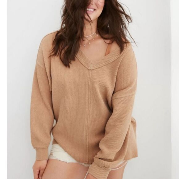 Aerie | Wonder Textured V-Neck Brown Slouchy Oversize Sweatshirt Women Medium - Picture 2 of 7